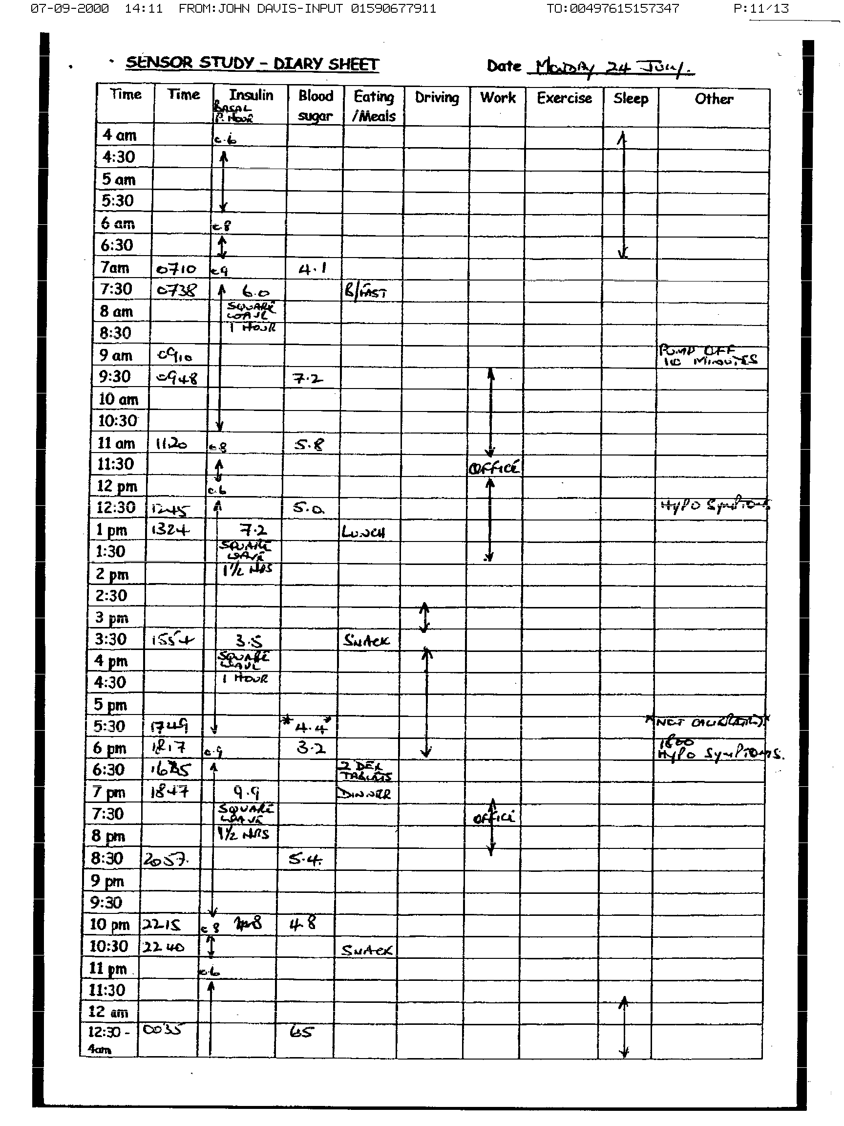 Monday log sheet